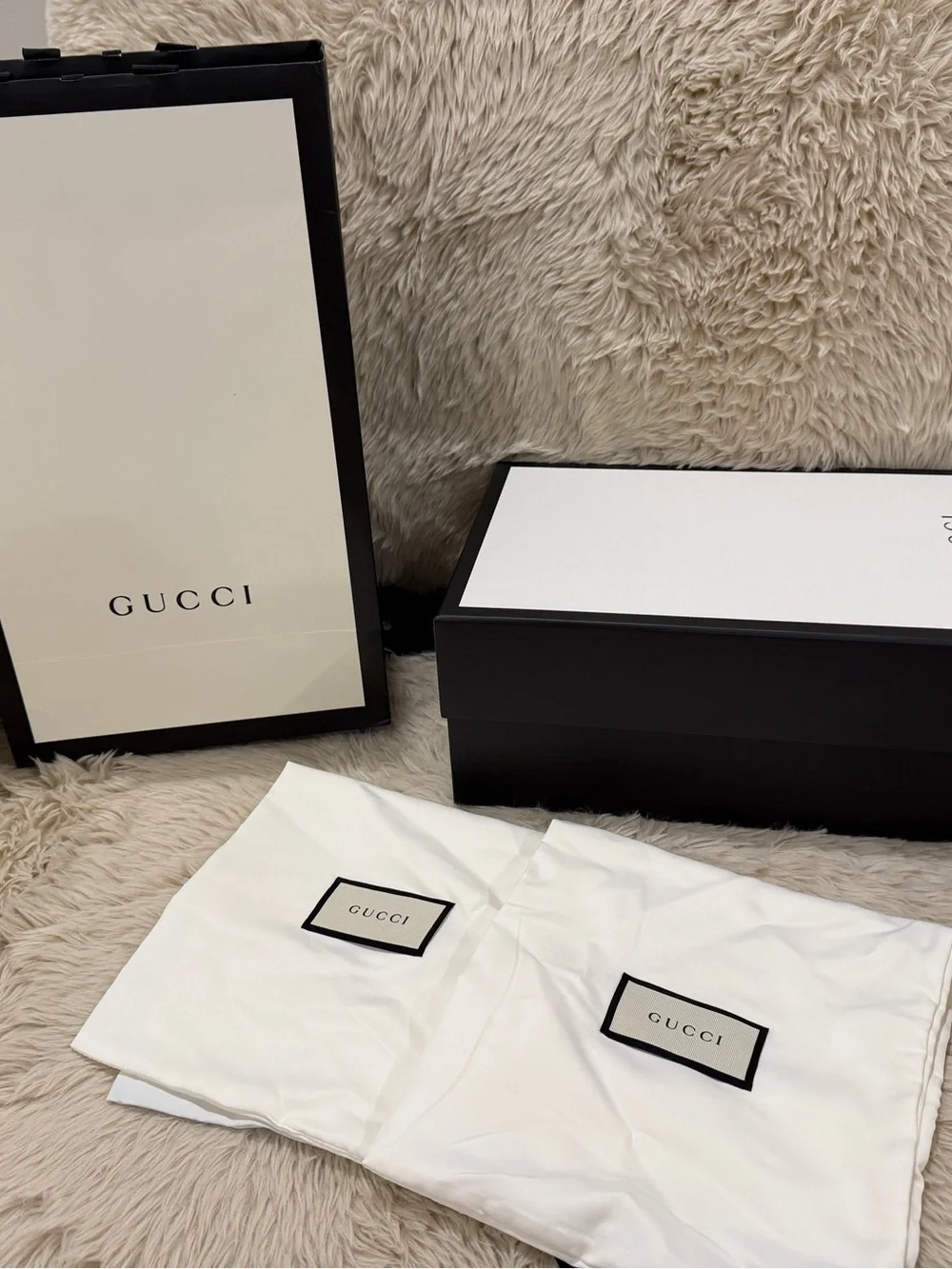 Gucci Shoe Box, Gift Bag + Dust Bags